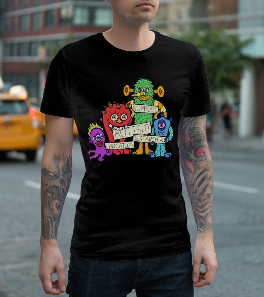 Support Autism Research Education Colorful Cartoon Monsters T-Shirt