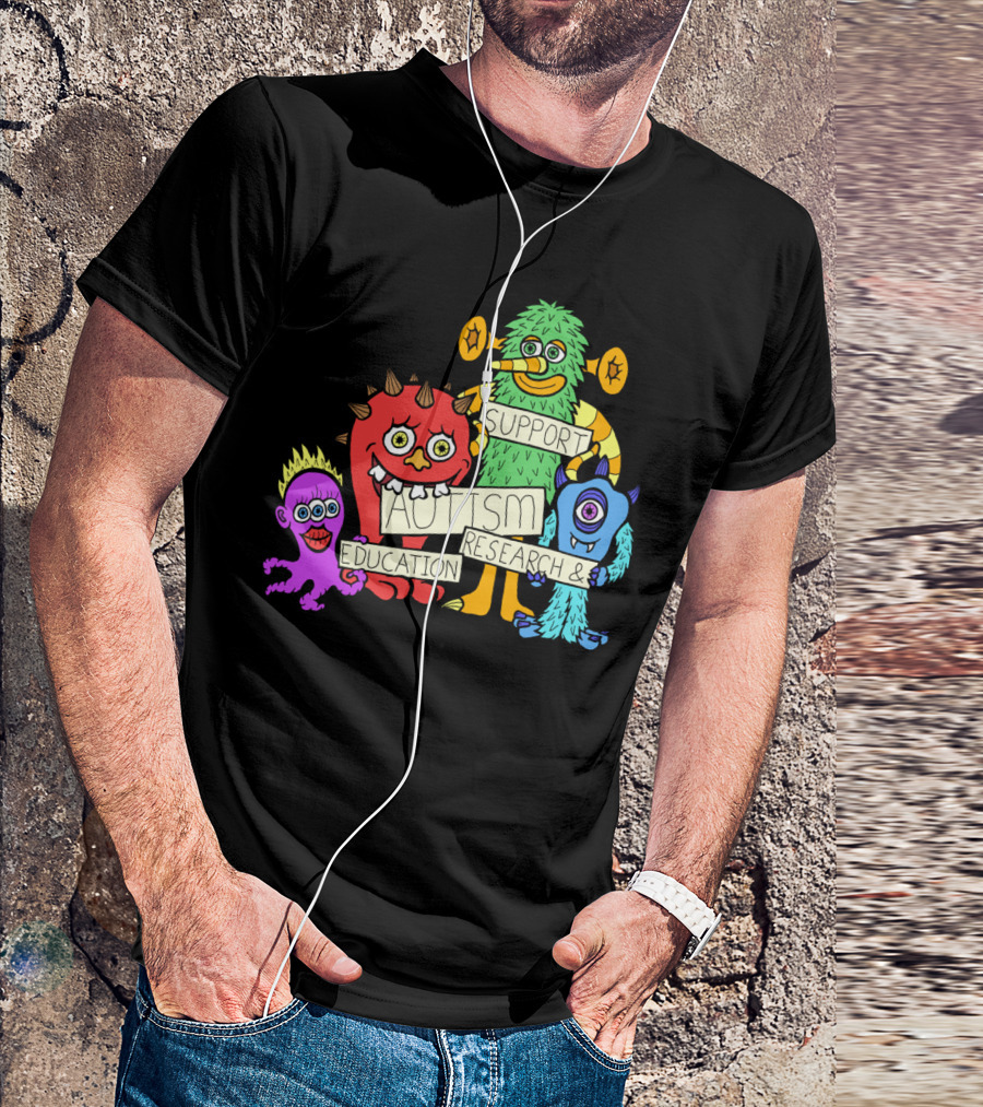 Support Autism Research Education Colorful Cartoon Monsters T-Shirt