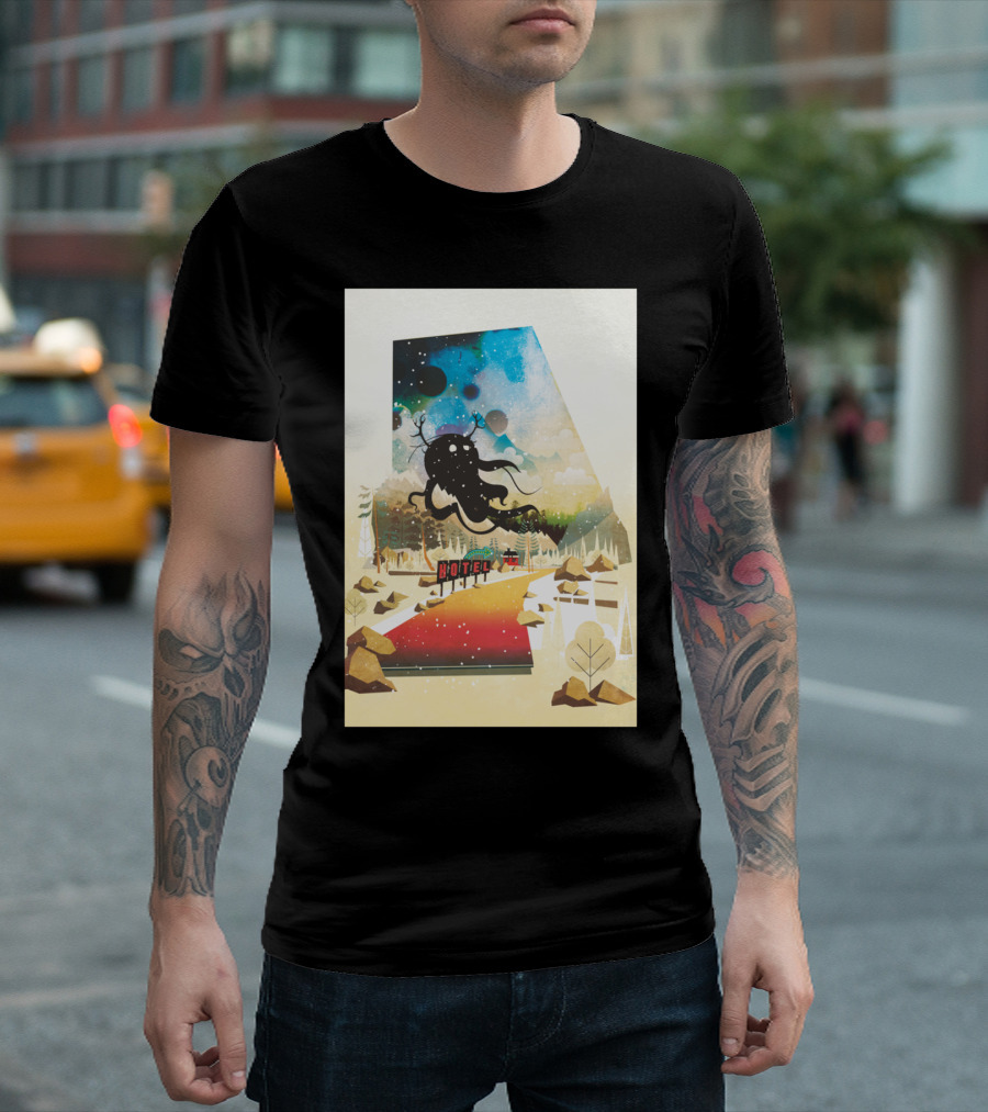 Hotel Cosmic Mountain Adventure with Forest and Alien Sky T-Shirt