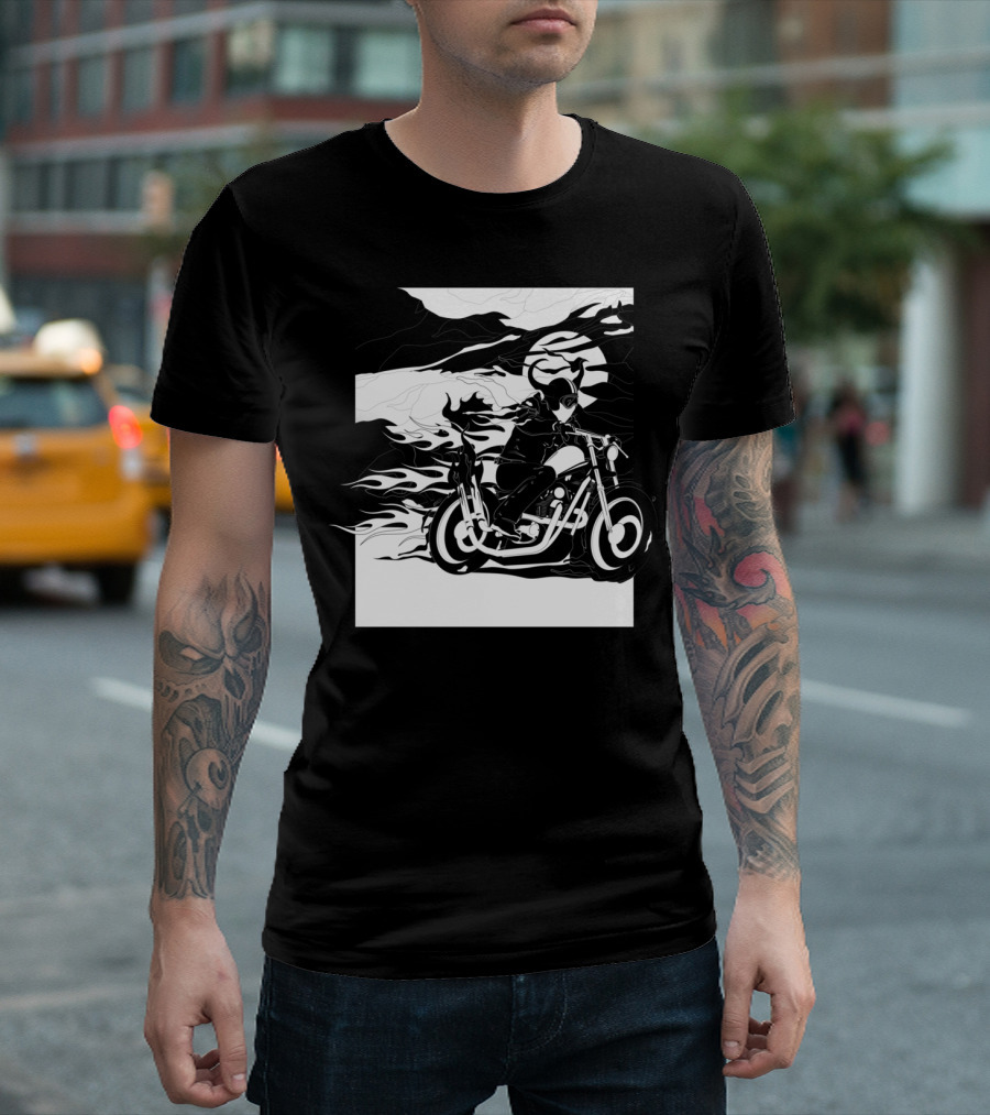 Devil Rider on Fiery Motorcycle with Flames in Black and White Scene T-Shirt