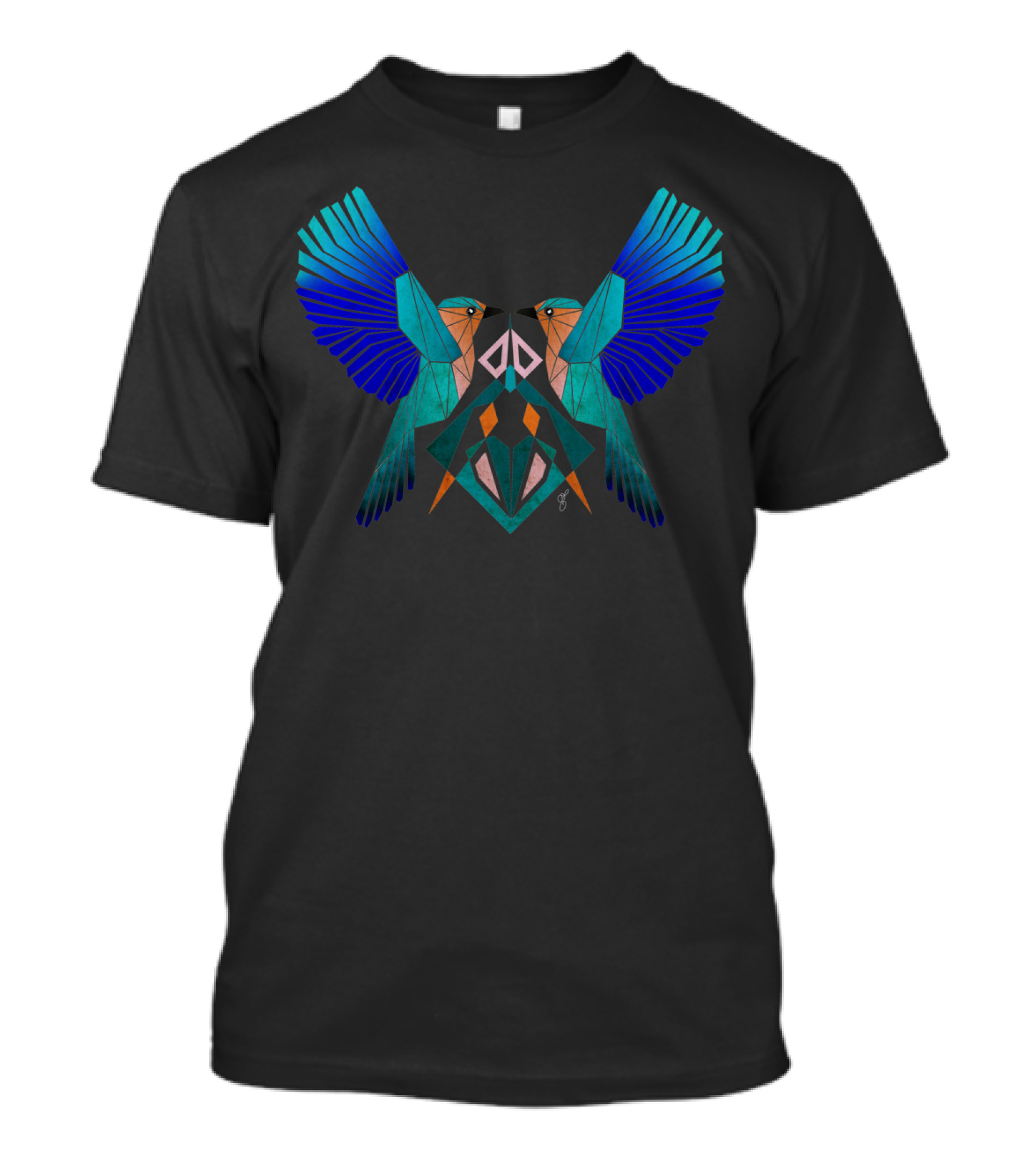 Blue Birds Geometric Winged Pattern Symmetry T-Shirt