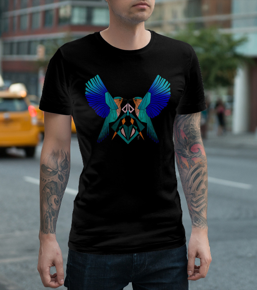 Blue Birds Geometric Winged Pattern Symmetry T-Shirt