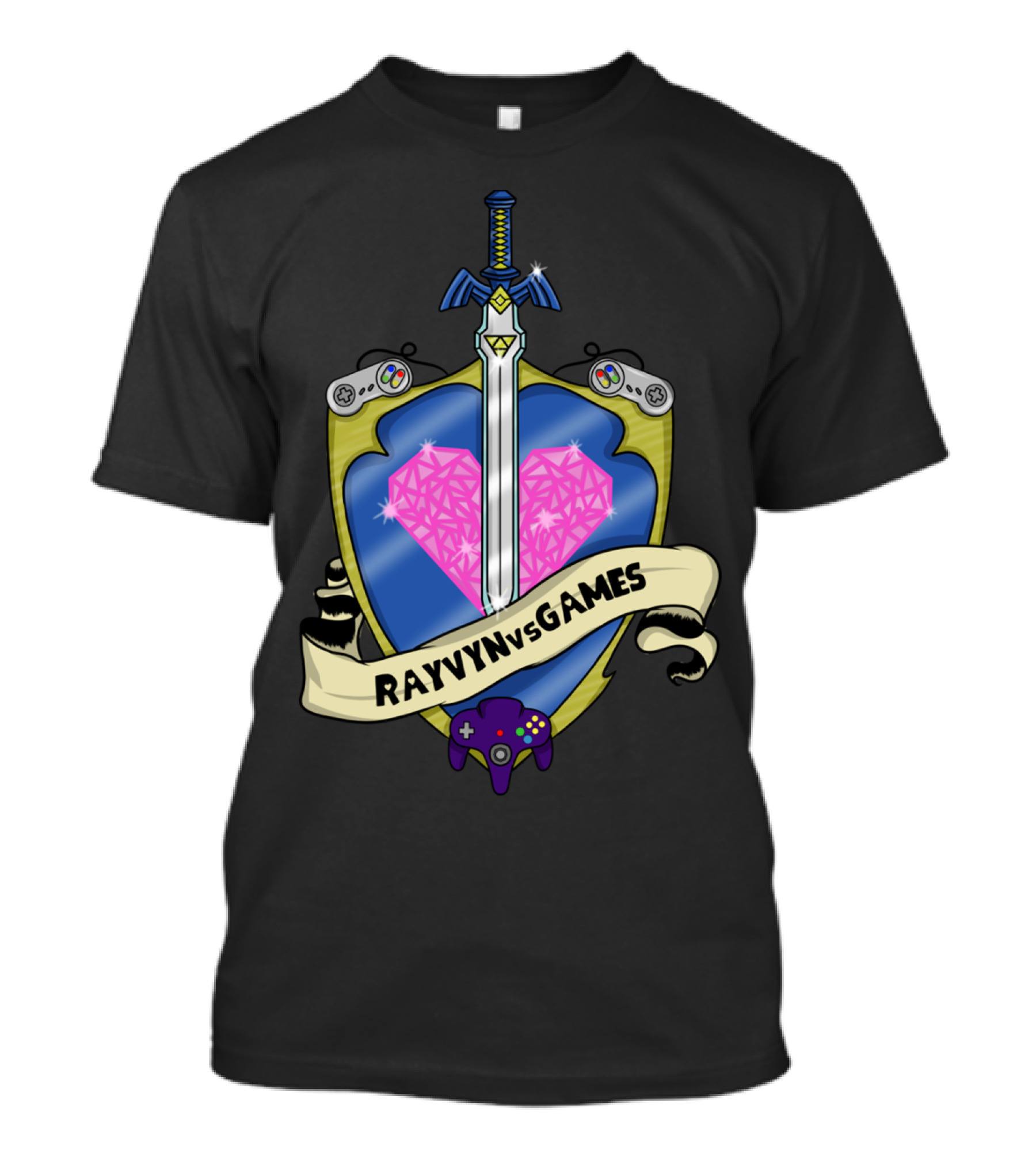 RAYVYNvsGAMES Shield Sword Pink Heart Video Game Controllers T-Shirt