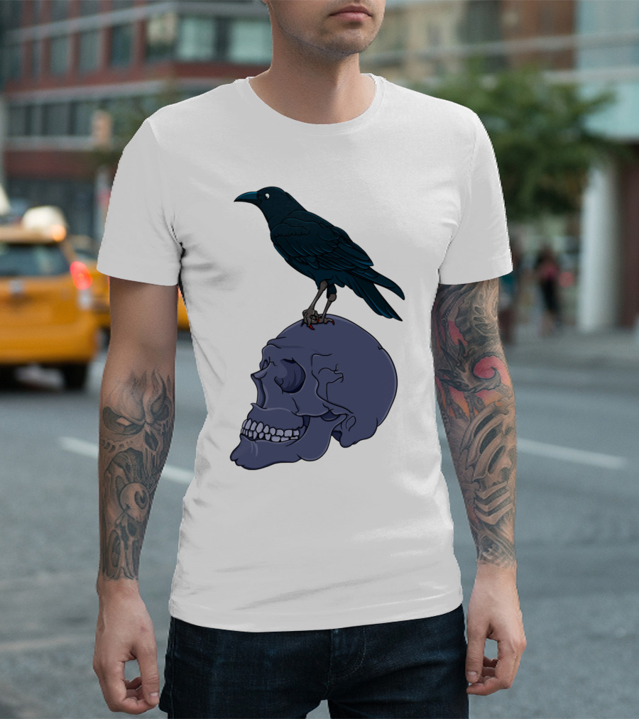 Raven Perched On Human Skull T-Shirt