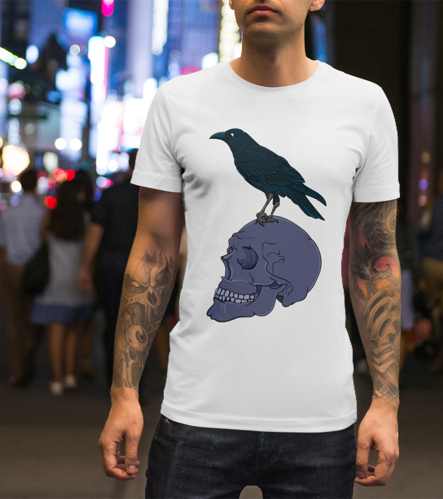 Raven Perched On Human Skull T-Shirt