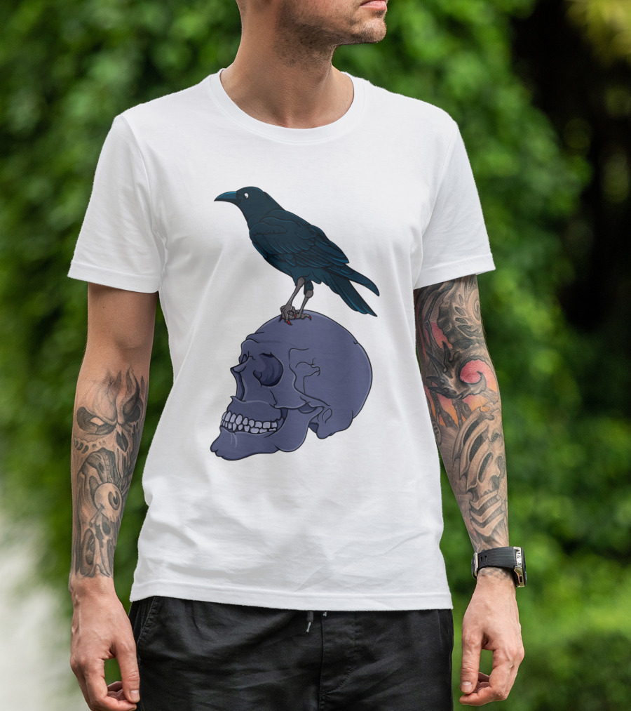 Raven Perched On Human Skull T-Shirt