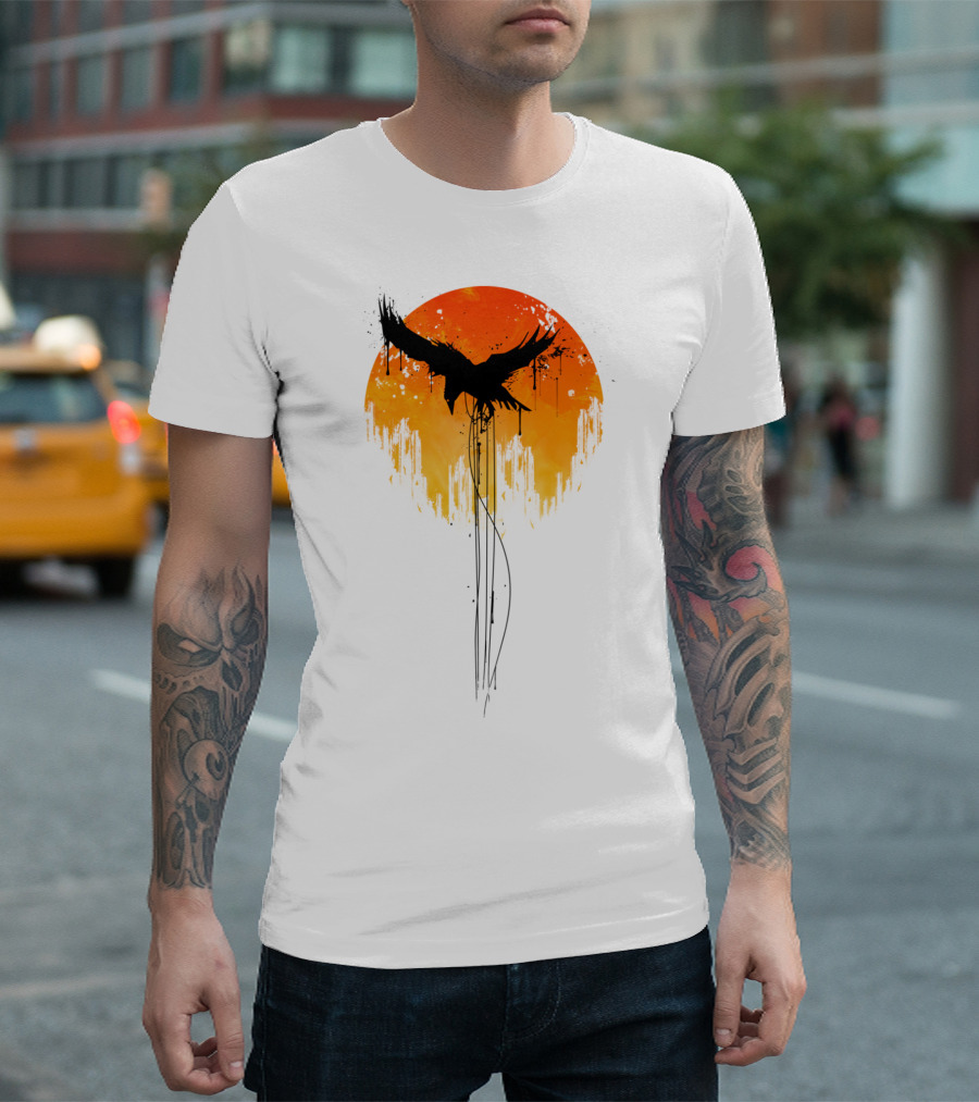 Raven Rises In Orange Sunset Skyline T-Shirt