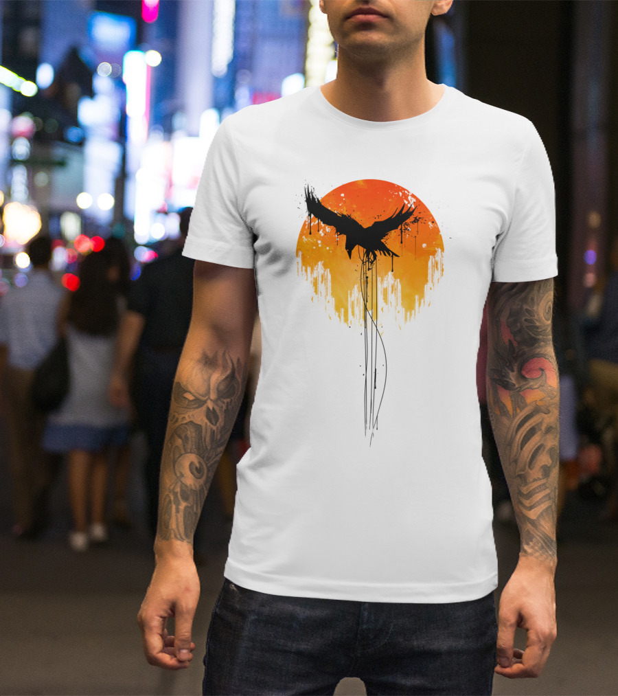 Raven Rises In Orange Sunset Skyline T-Shirt