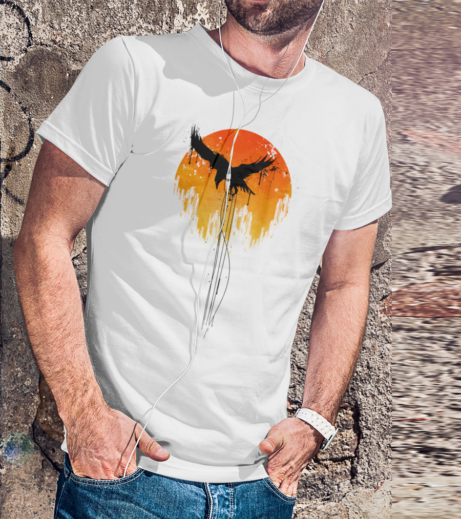 Raven Rises In Orange Sunset Skyline T-Shirt
