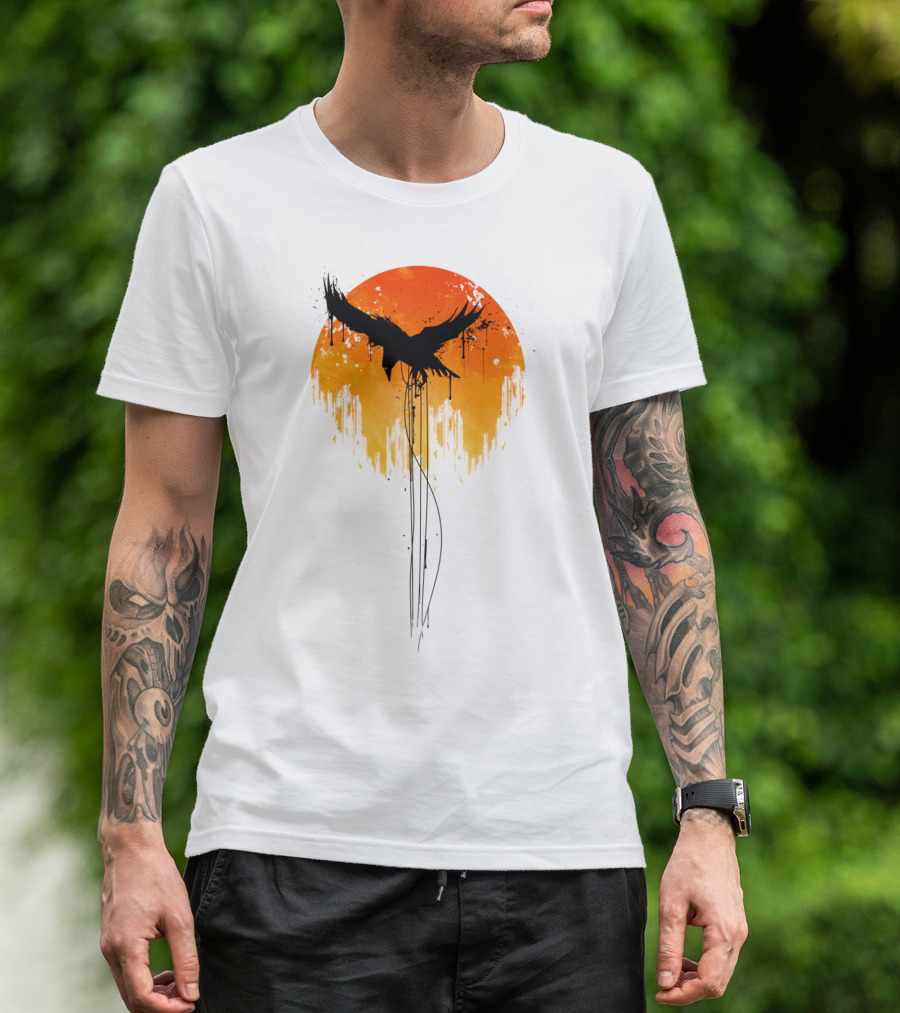 Raven Rises In Orange Sunset Skyline T-Shirt
