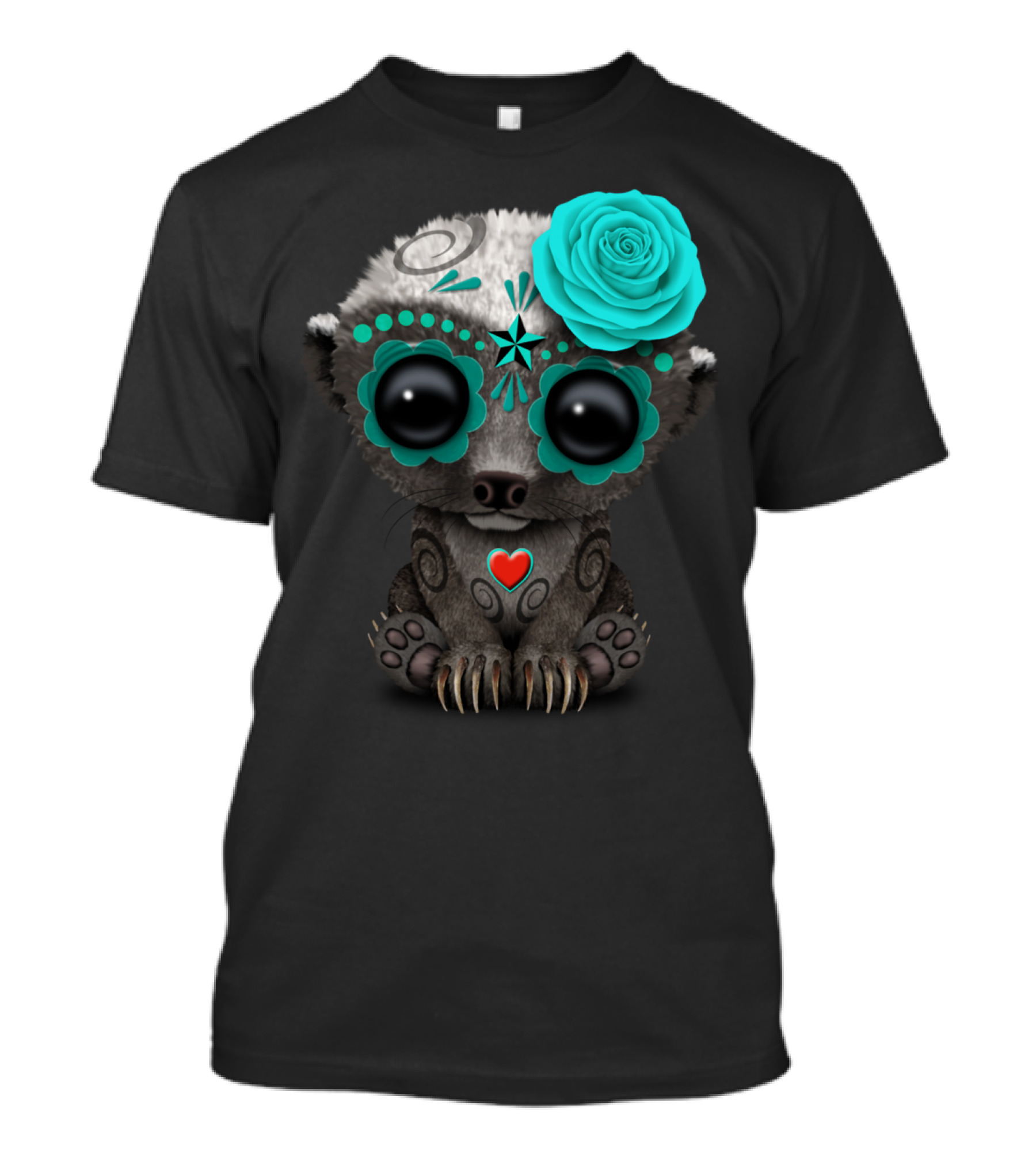 Blue Day Of The Dead Sugar Skull Honey Badger With Rose Flower T-Shirt