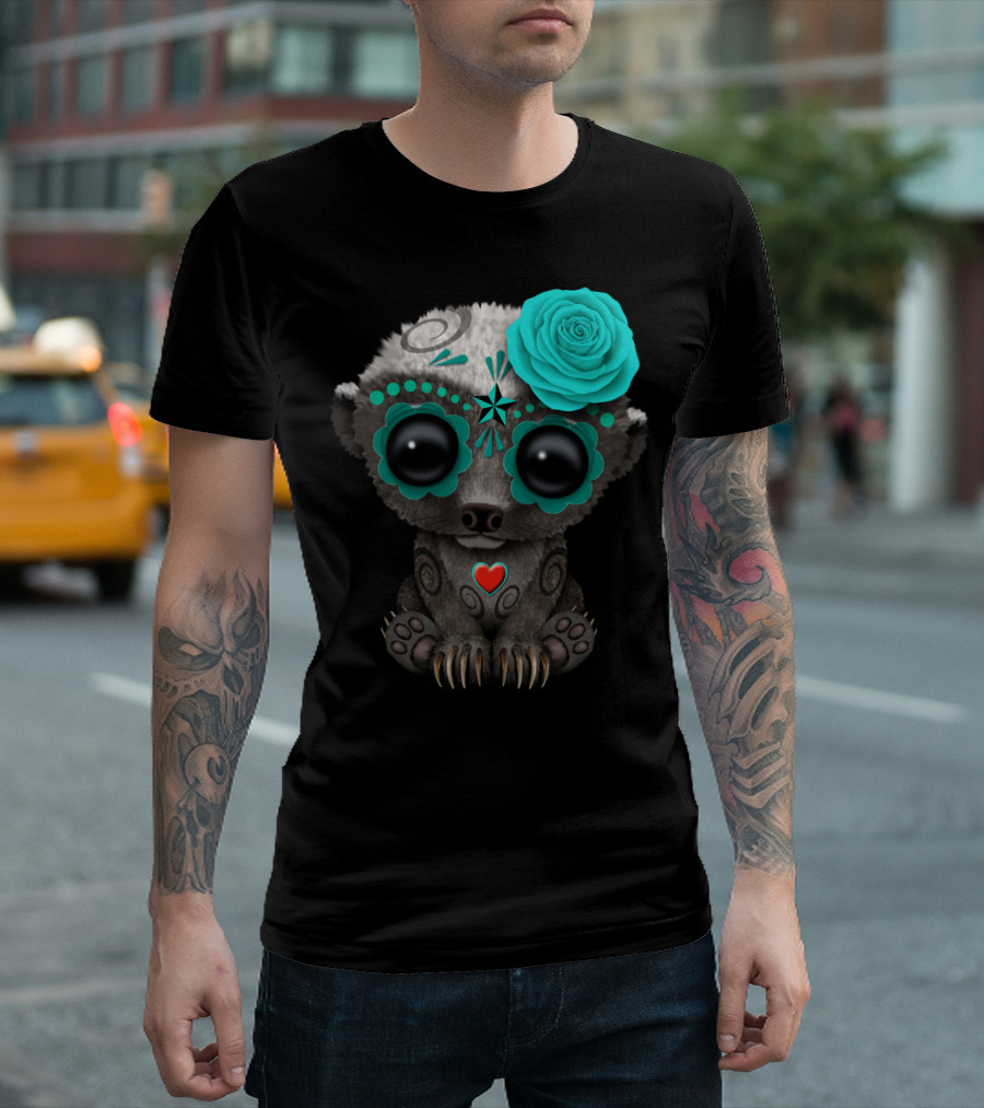 Blue Day Of The Dead Sugar Skull Honey Badger With Rose Flower T-Shirt