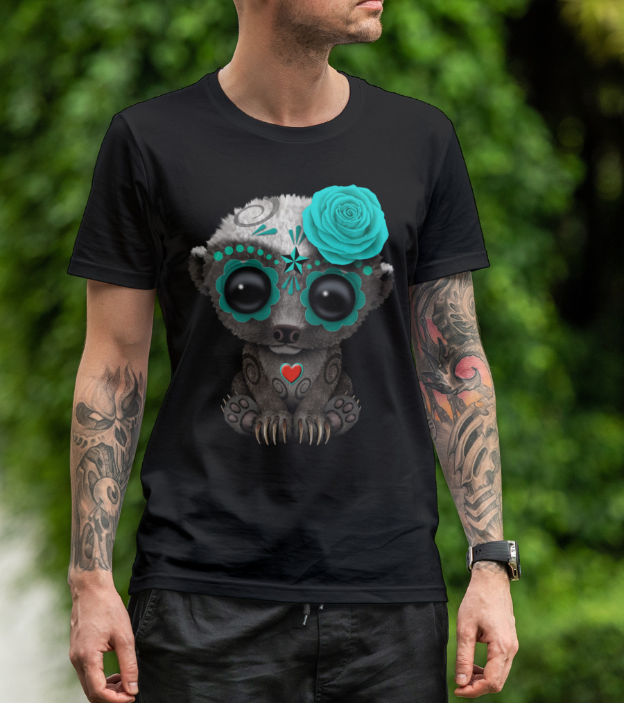Blue Day Of The Dead Sugar Skull Honey Badger With Rose Flower T-Shirt