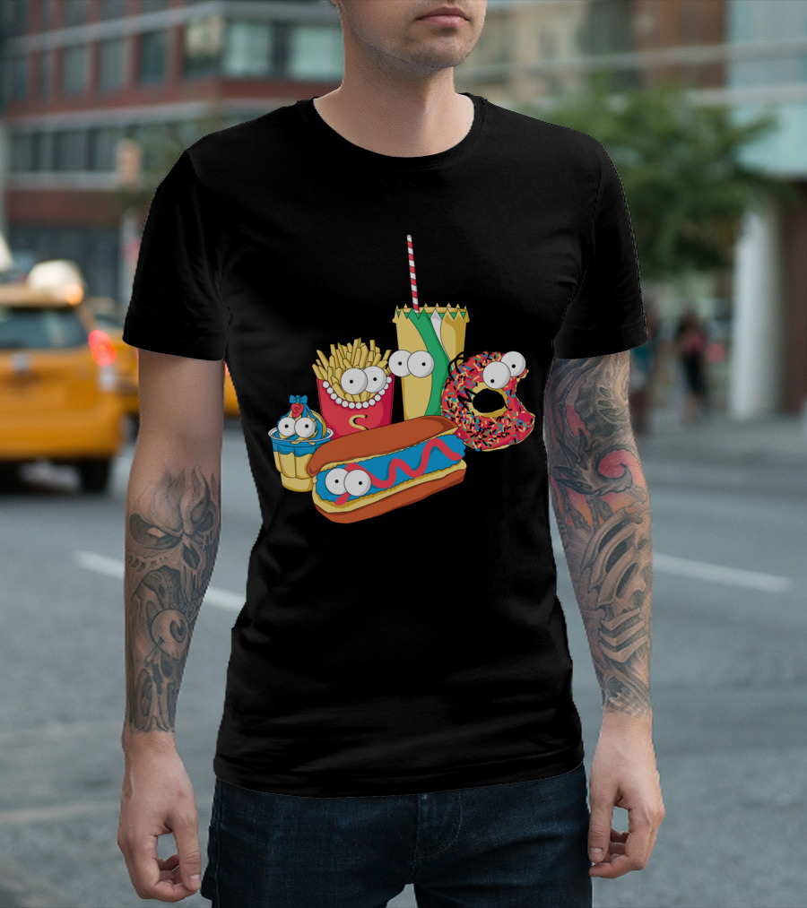 Mac Simpson Fast Food Characters Hot Dog Donut Fries Cupcake Drink T-Shirt