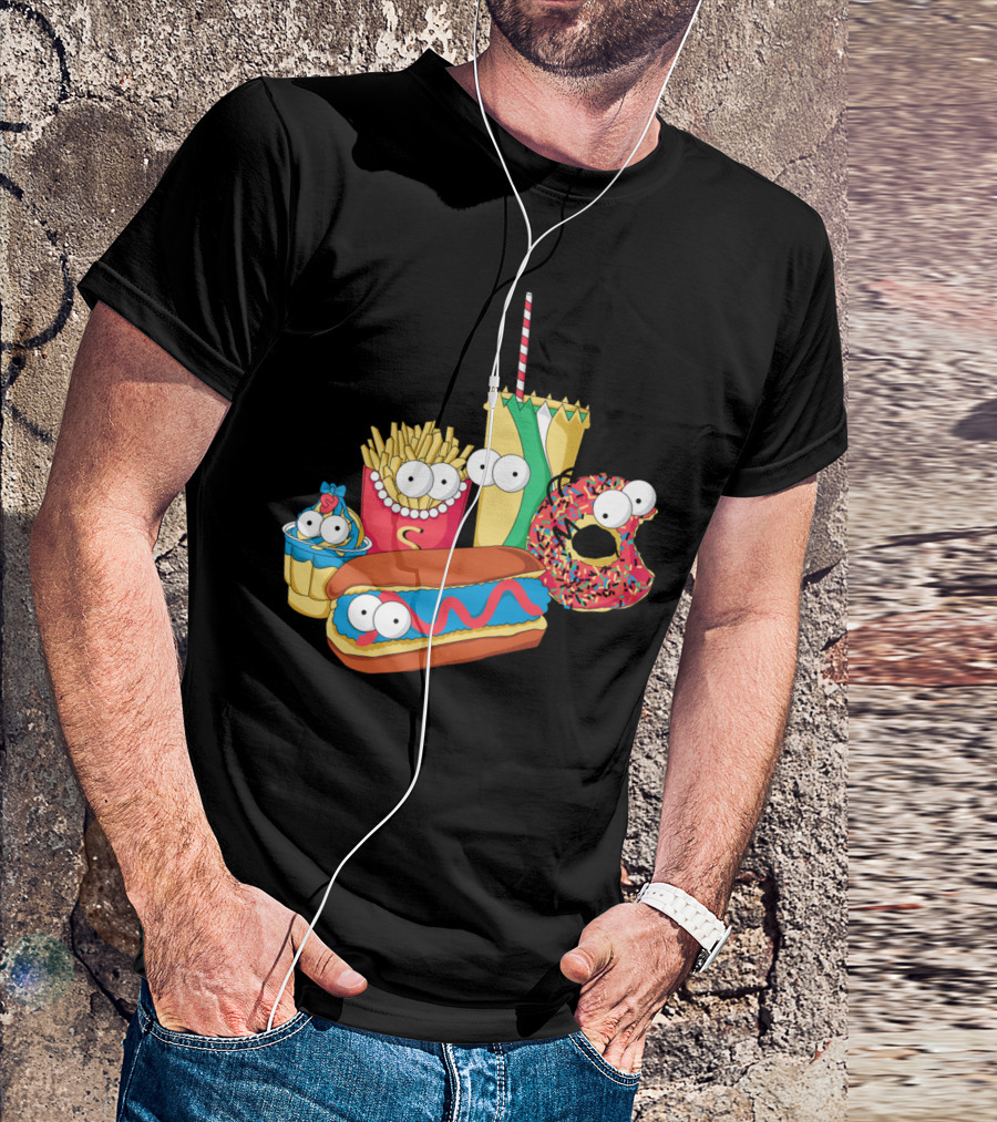 Mac Simpson Fast Food Characters Hot Dog Donut Fries Cupcake Drink T-Shirt