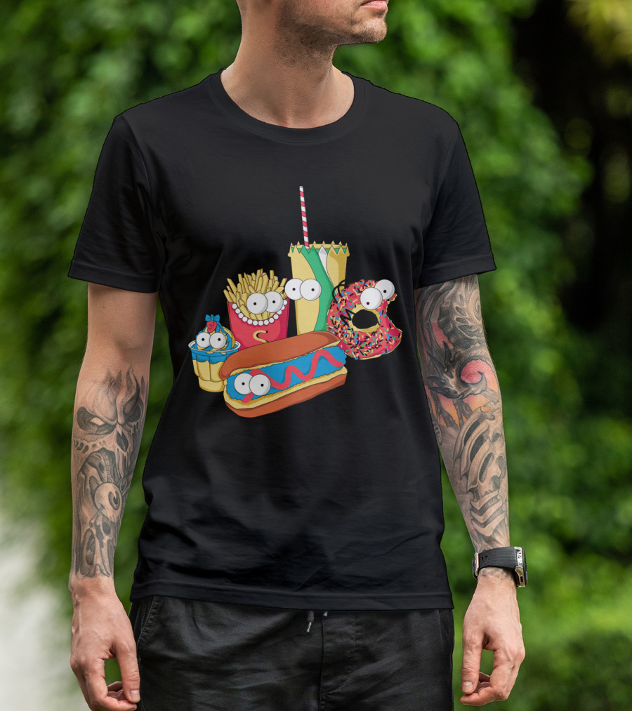 Mac Simpson Fast Food Characters Hot Dog Donut Fries Cupcake Drink T-Shirt