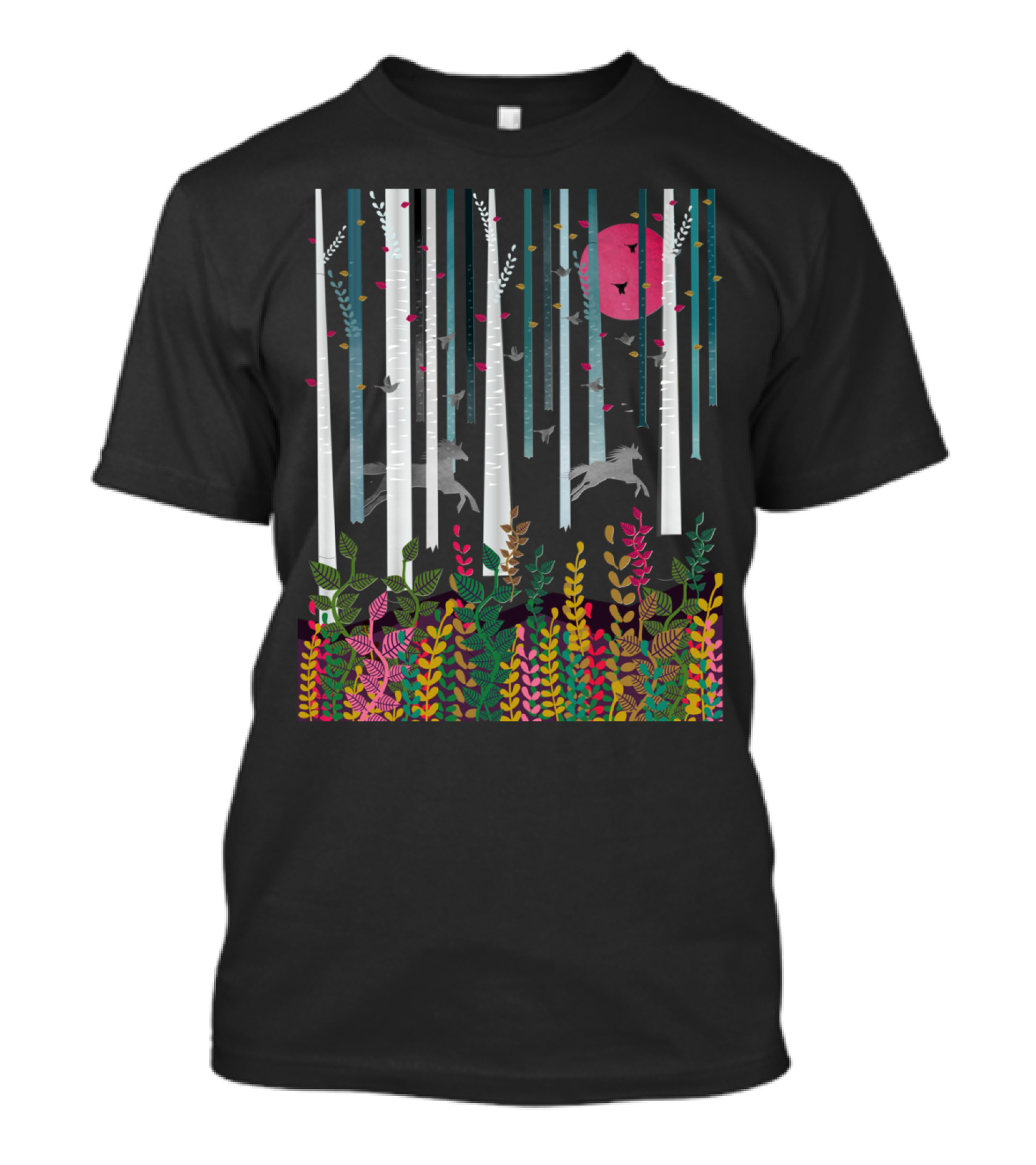 Flying Horses Forest Scene With Colorful Foliage And Pink Moon T-Shirt