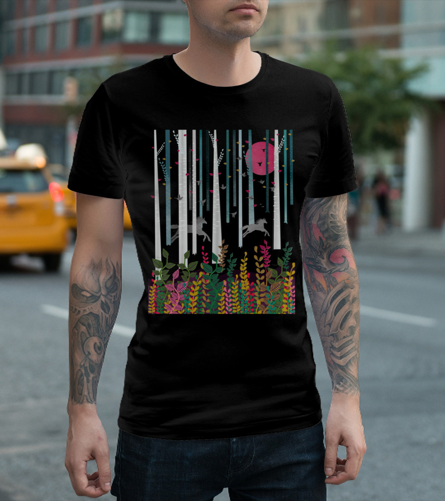 Flying Horses Forest Scene With Colorful Foliage And Pink Moon T-Shirt