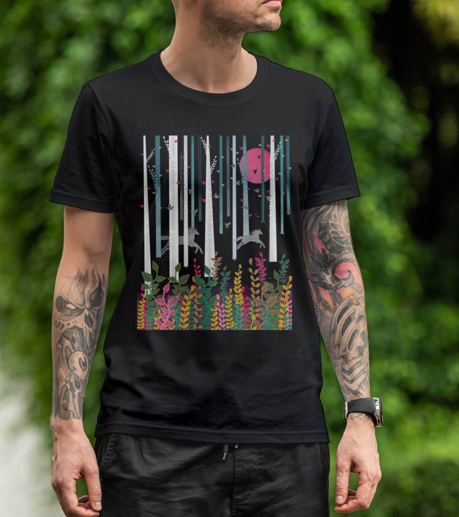 Flying Horses Forest Scene With Colorful Foliage And Pink Moon T-Shirt