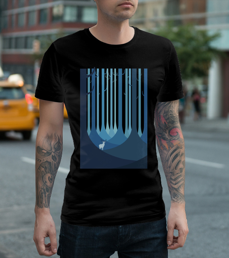 Blue Forest Deer in Stylized Woodland Scene T-Shirt