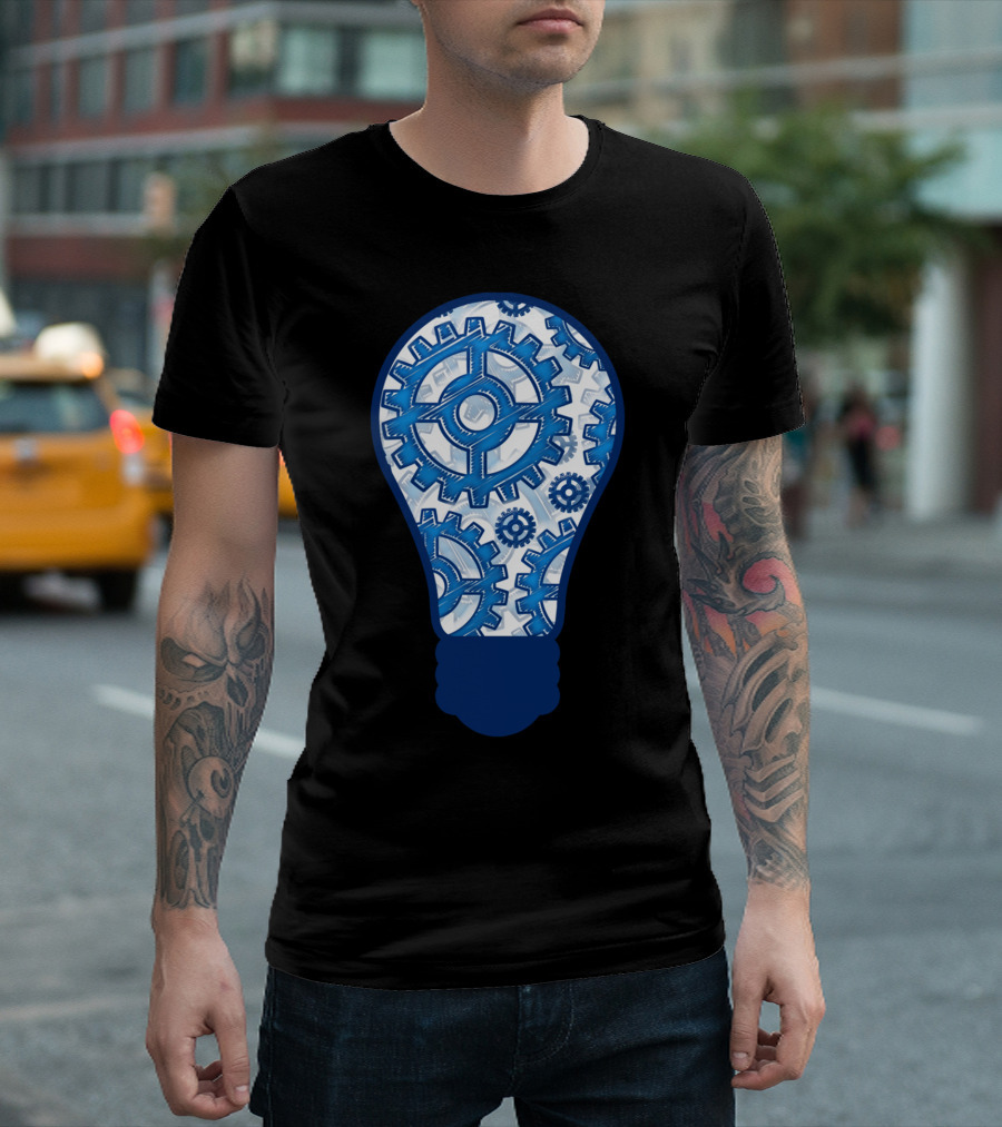 Intricate Blue Gears Inside Light Bulb T-Shirt