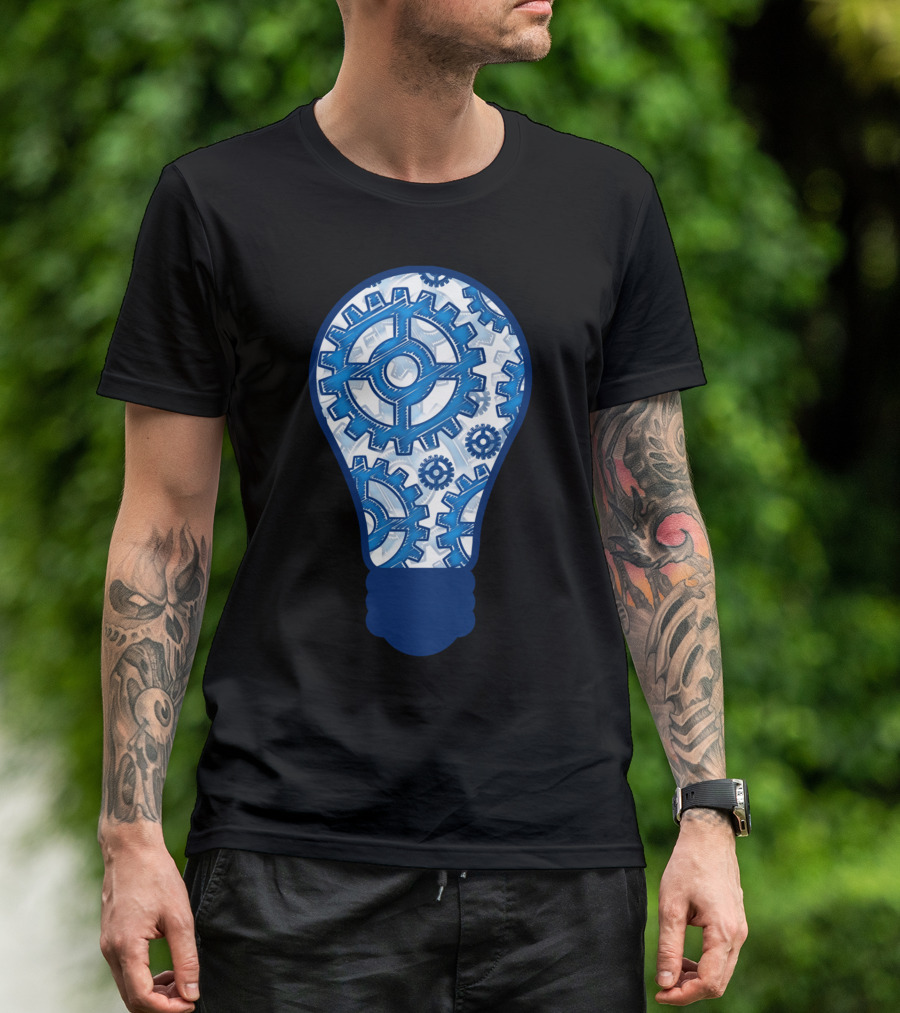 Intricate Blue Gears Inside Light Bulb T-Shirt