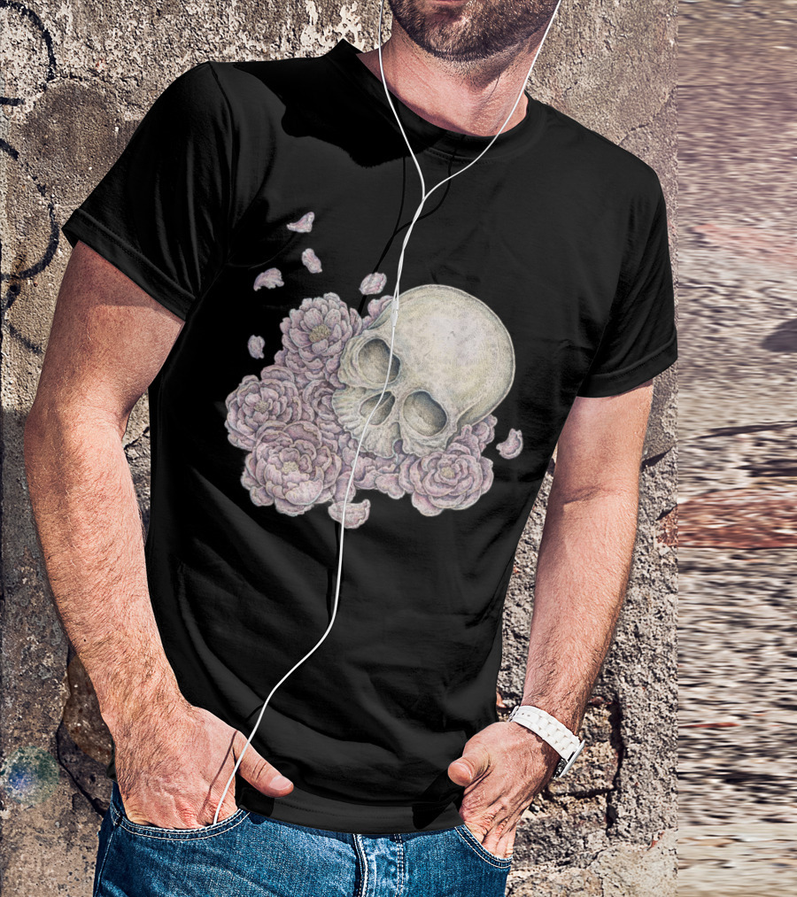 Flying Petals Skull With Blossoms T-Shirt