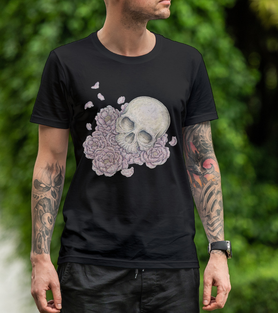 Flying Petals Skull With Blossoms T-Shirt