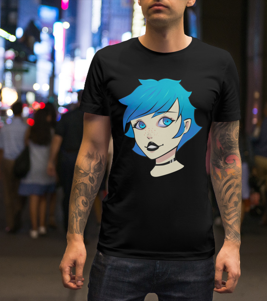 Blue Hair Anime Style Portrait With Freckles And Choker T-Shirt