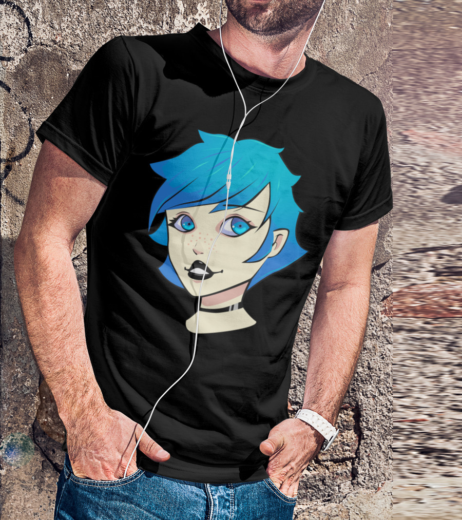 Blue Hair Anime Style Portrait With Freckles And Choker T-Shirt