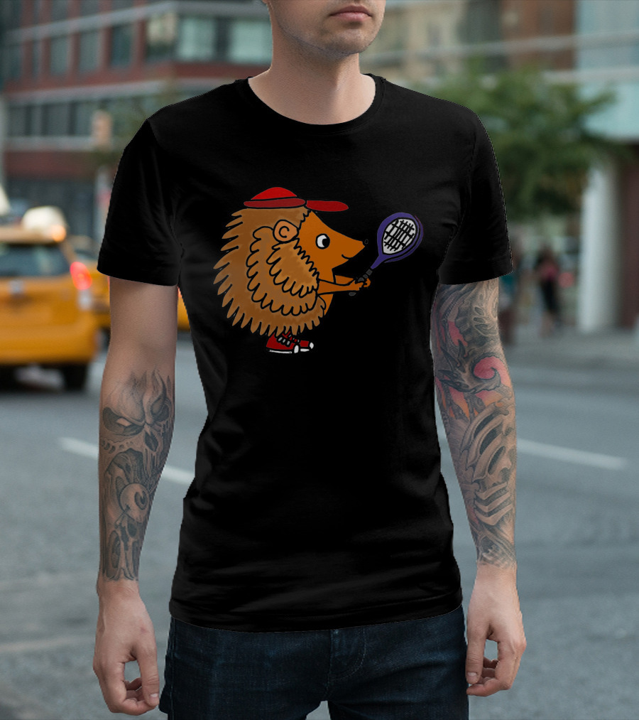 Cool Funny Funky Hedgehog Playing Tennis With Red Cap And Sneakers T-Shirt