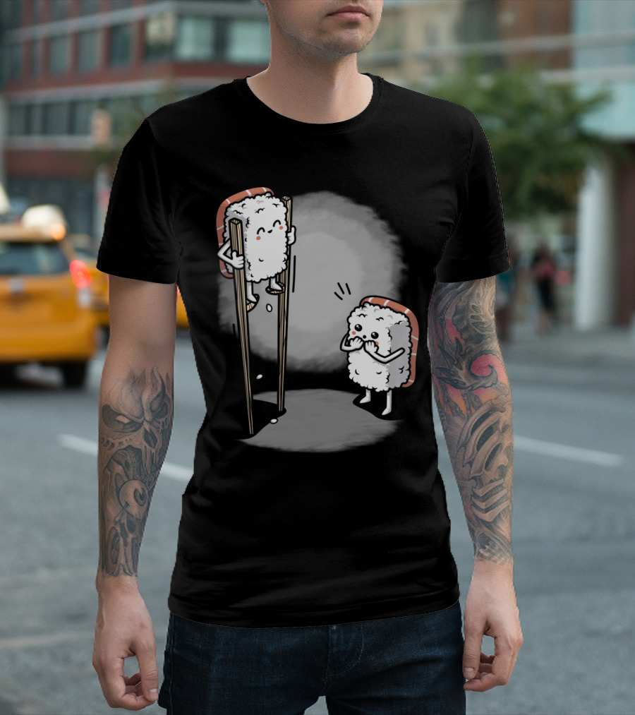 Sushi Balancing On Chopsticks With Cute Rice Character Watching T-Shirt
