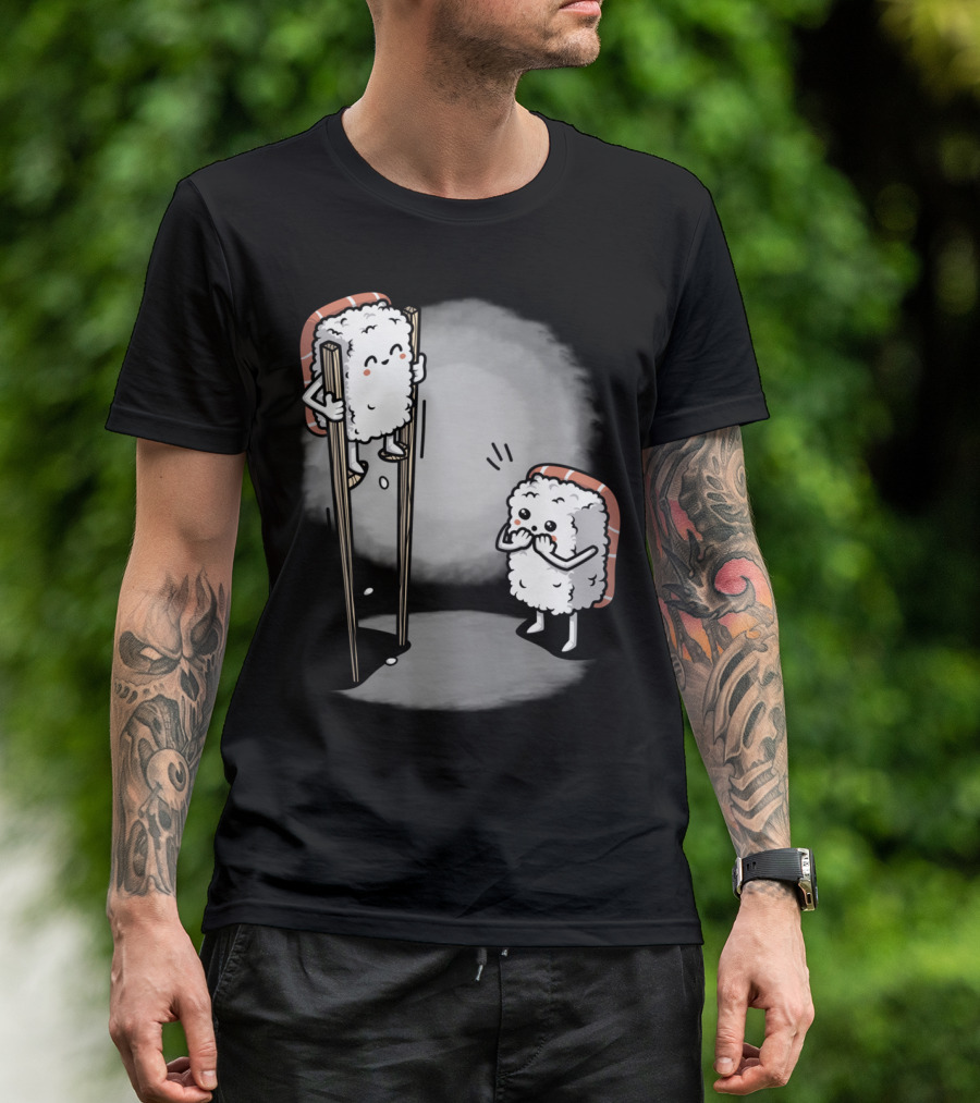 Sushi Balancing On Chopsticks With Cute Rice Character Watching T-Shirt
