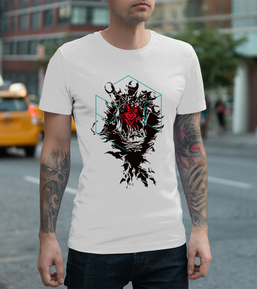 Reaching Out Hand With Red Eye In Geometric Frame T-Shirt