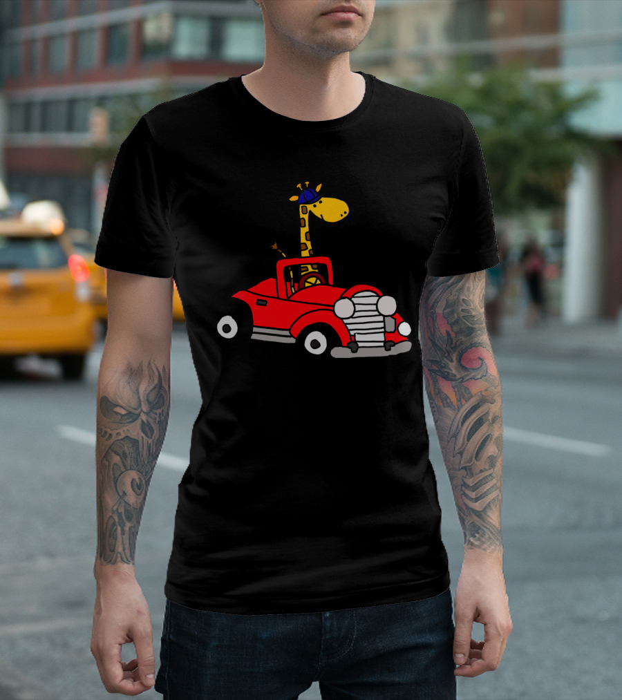 Cool Funny Giraffe Driving Red Convertible with Blue Hat T-Shirt