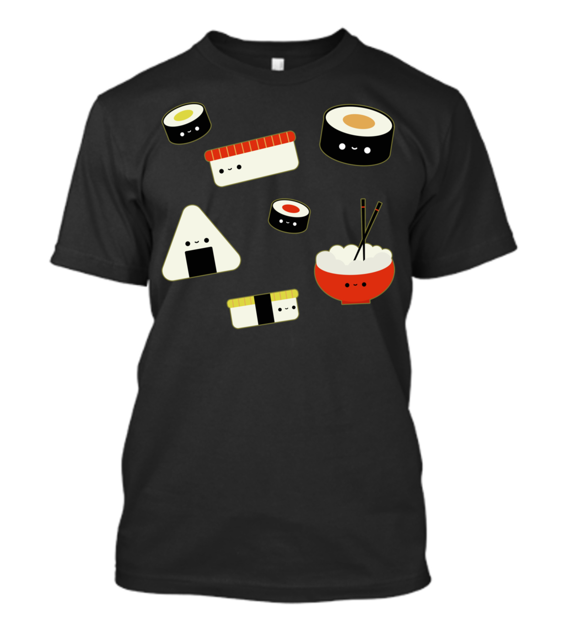 Kawaii Sushi Rolls Onigiri Bowl And Chopsticks Cute Faces T-Shirt
