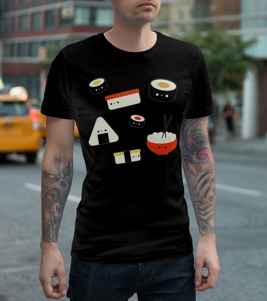 Kawaii Sushi Rolls Onigiri Bowl And Chopsticks Cute Faces T-Shirt