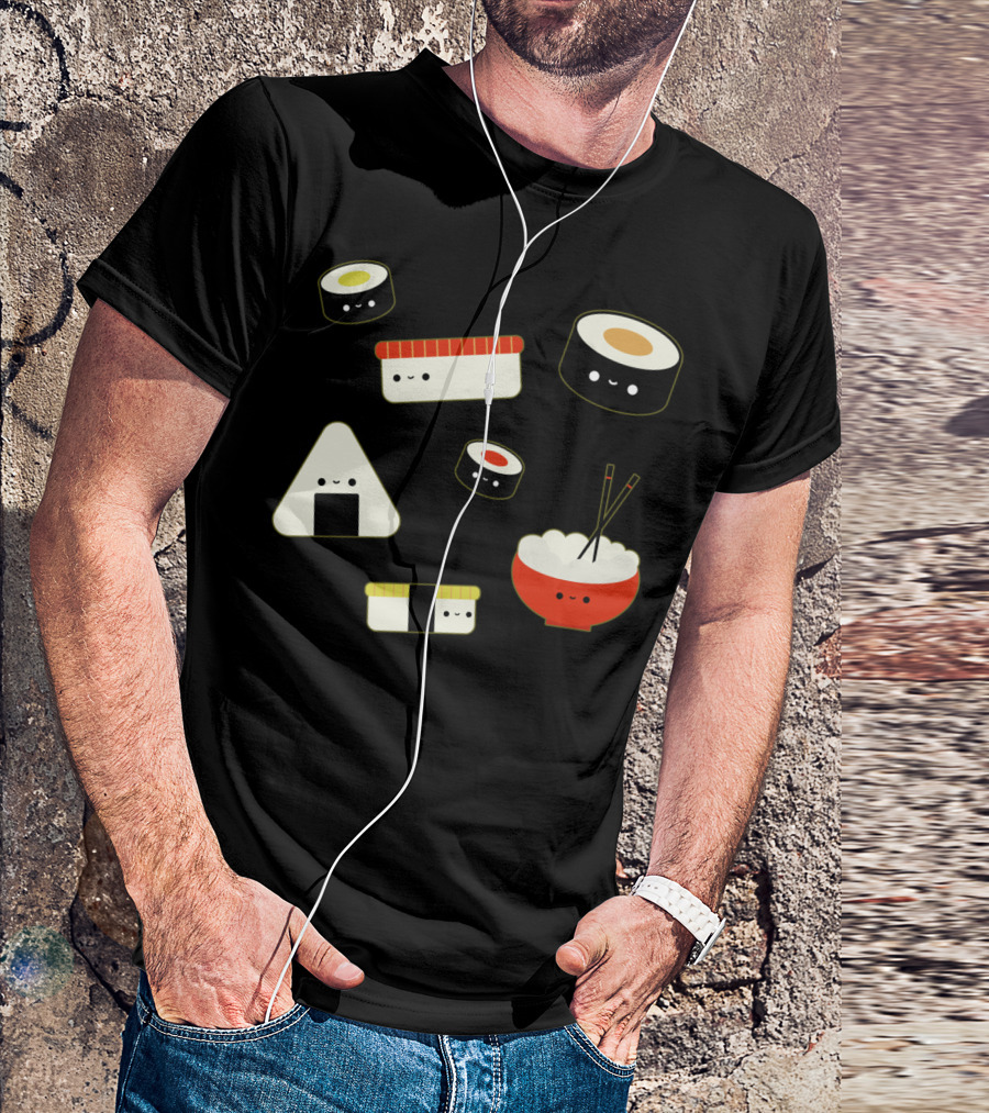 Kawaii Sushi Rolls Onigiri Bowl And Chopsticks Cute Faces T-Shirt