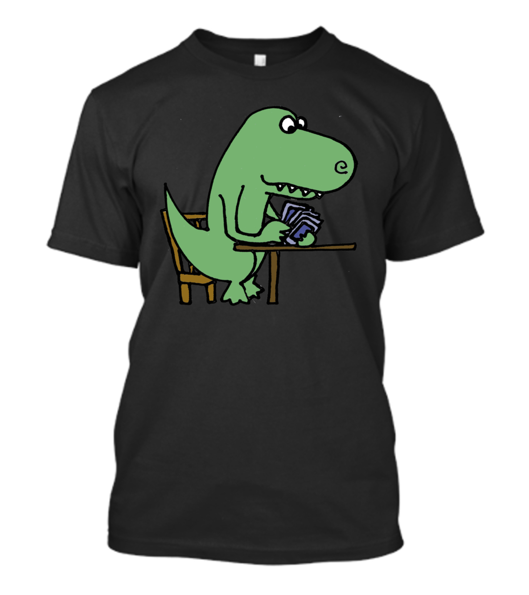 Cool Funny Green Rex Dinosaur Playing Cards At Table T-Shirt