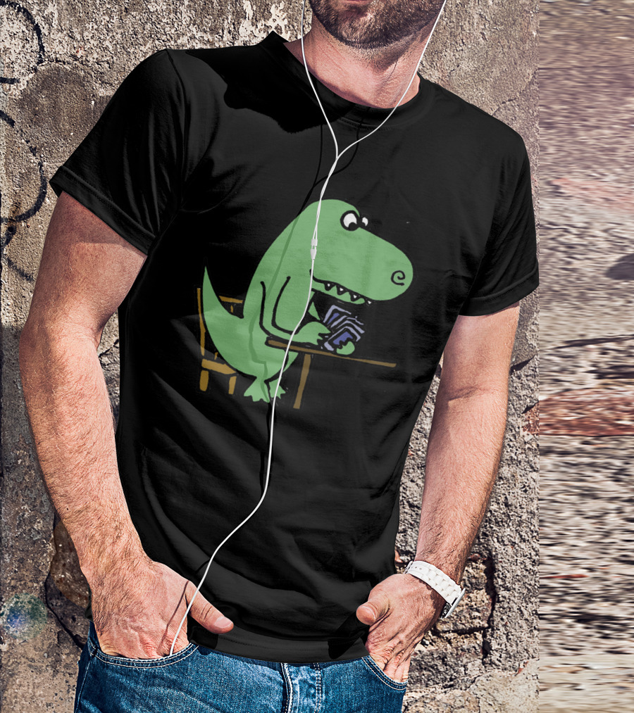 Cool Funny Green Rex Dinosaur Playing Cards At Table T-Shirt
