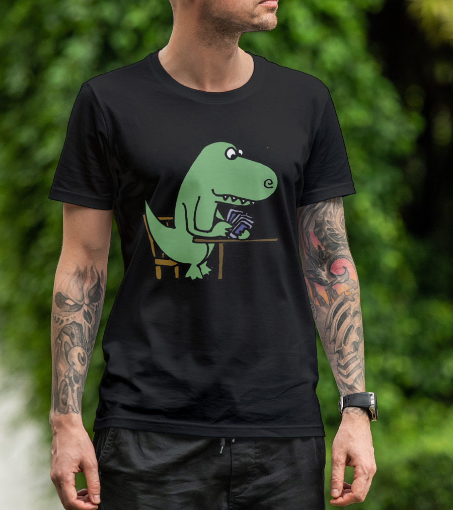 Cool Funny Green Rex Dinosaur Playing Cards At Table T-Shirt