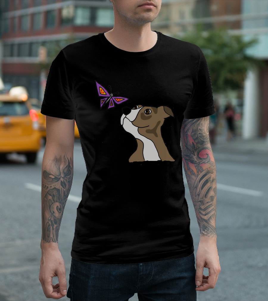 Cool Funny Grey Pitbull Puppy Dog And Butterfly Pizza T-Shirt