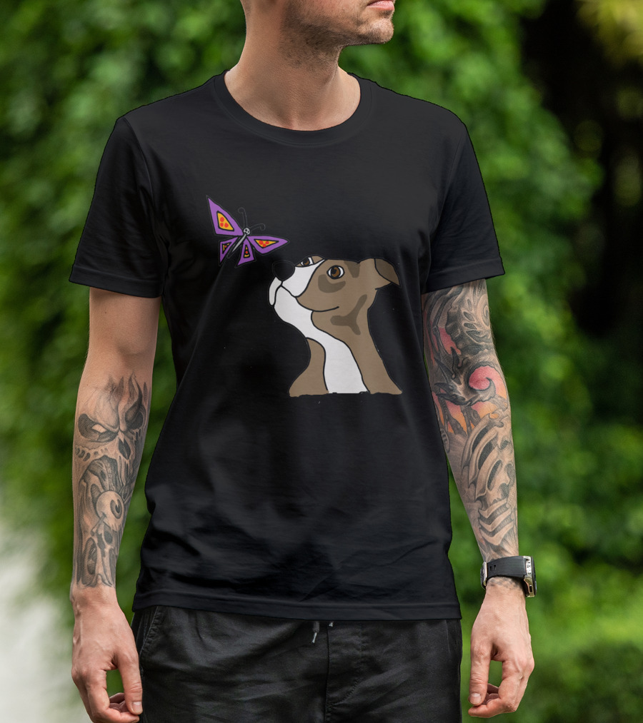 Cool Funny Grey Pitbull Puppy Dog And Butterfly Pizza T-Shirt