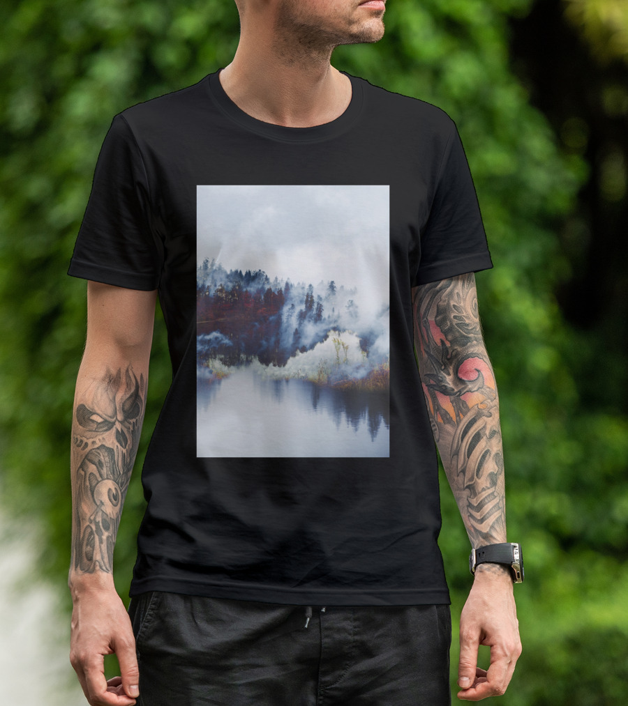 Foggy Forest Reflection In Misty Landscape T-Shirt