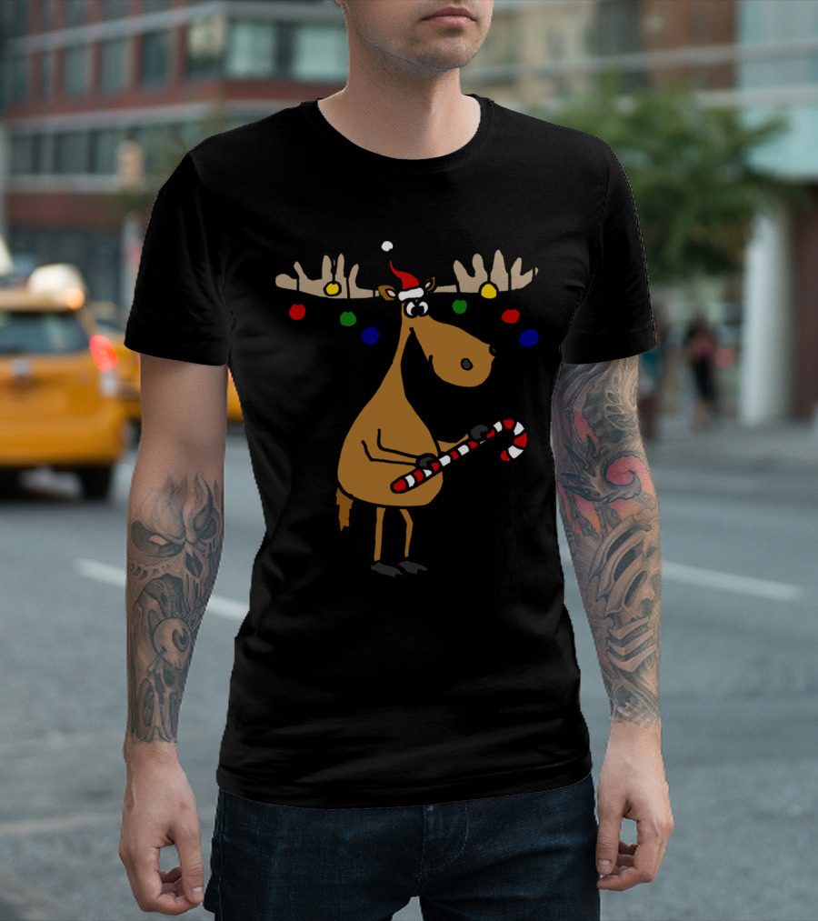 Cool Funny Moose With Christmas Ornaments Candy Cane Hat T-Shirt
