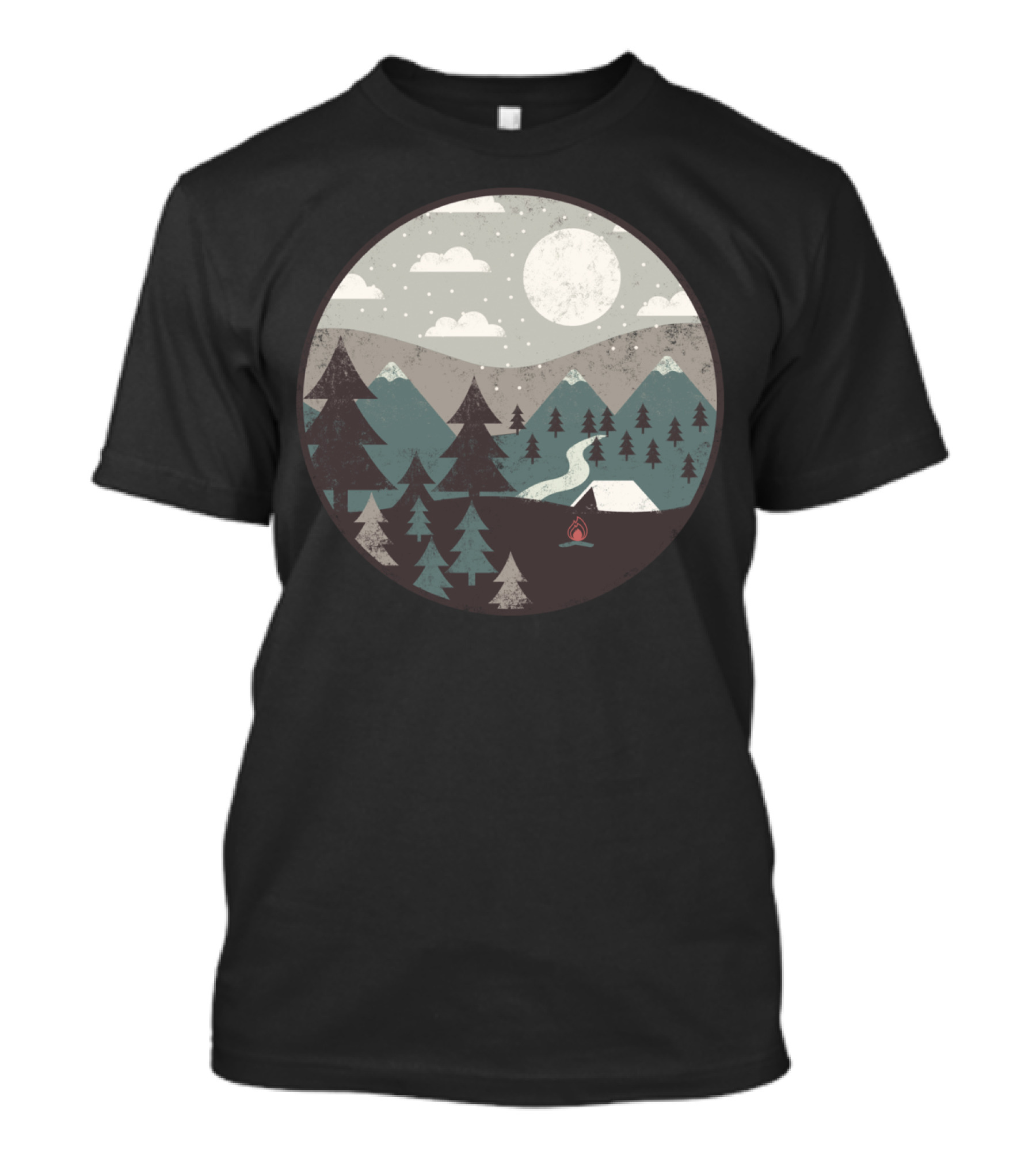 Foggy Night Campfire Under Moonlit Sky In Mountain Forest T-Shirt