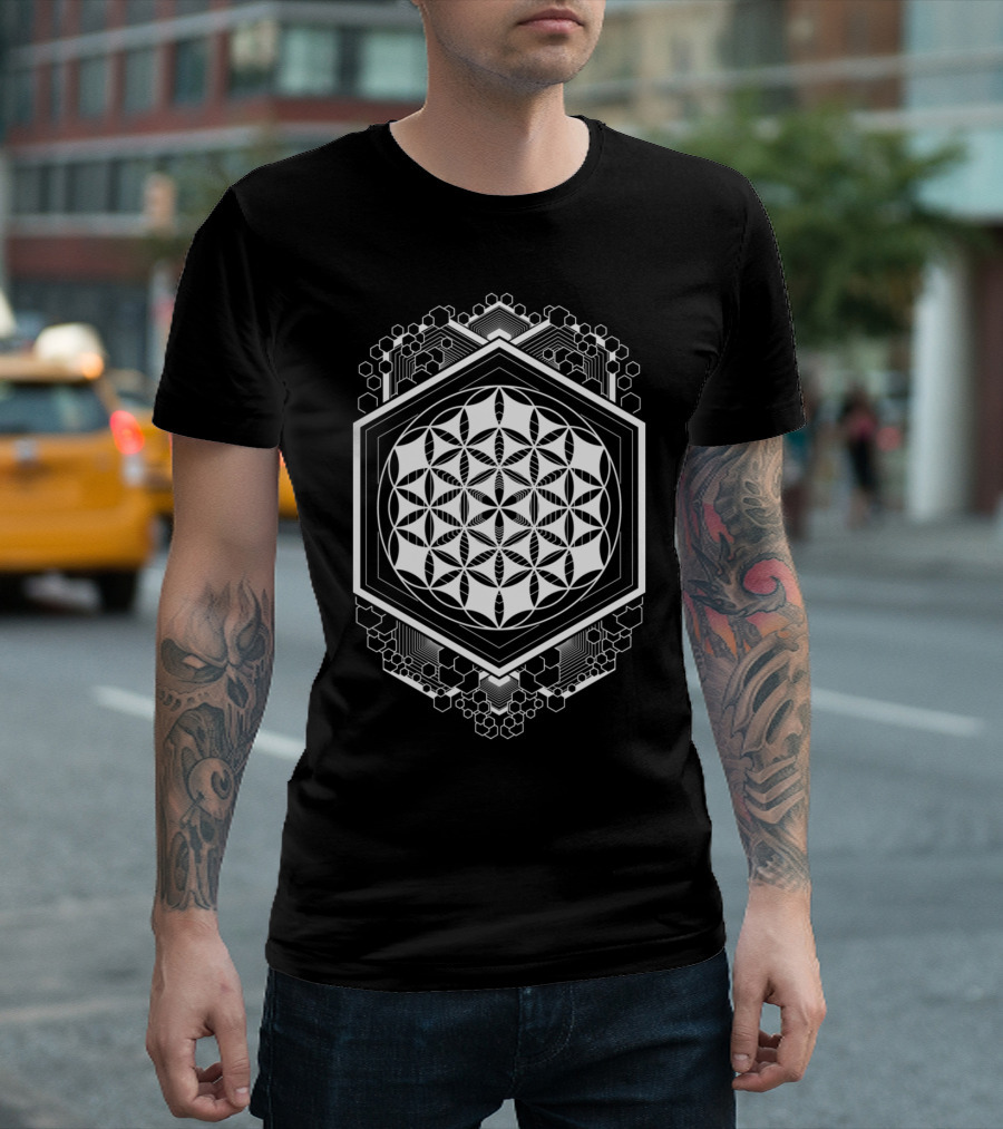Ancient Secret Geometric Hexagonal Mandala with Flower of Life T-Shirt