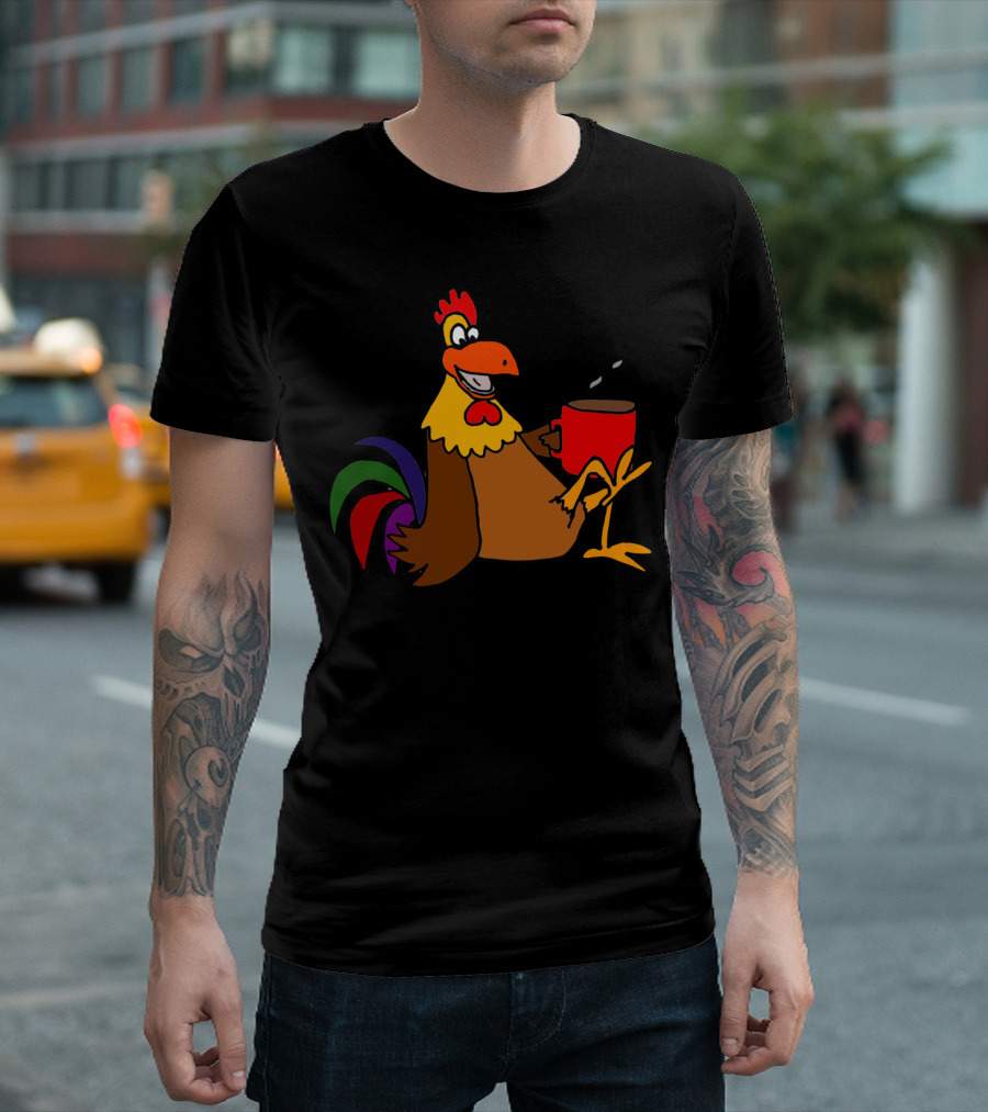 Cool Funny Rooster Drinking His Morning Coffee T-Shirt