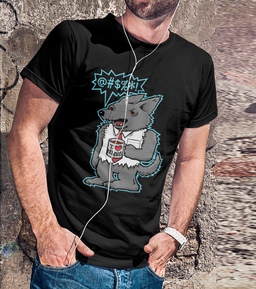 Swearwolf Cartoon Character Holding I Love Mondays Mug With Cursing Speech Bubble T-Shirt