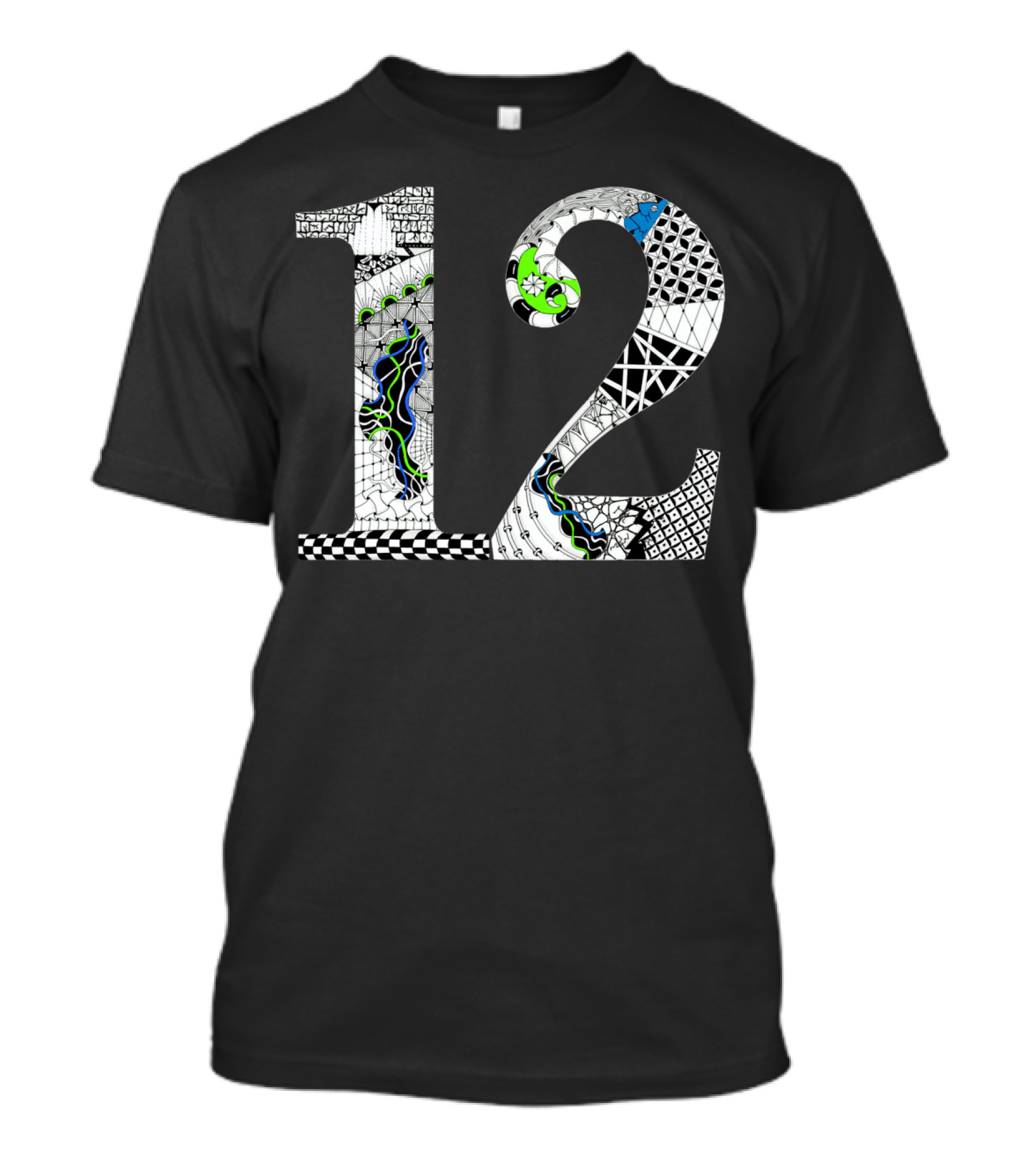 A Twelve Like No Other Intricate Black White Green Blue T-Shirt